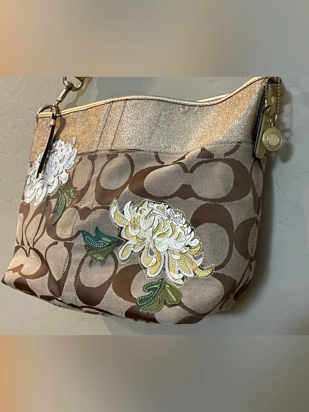 Coach limited edition signature Floral Applique Shoulder gold Bag y2k hobo brown